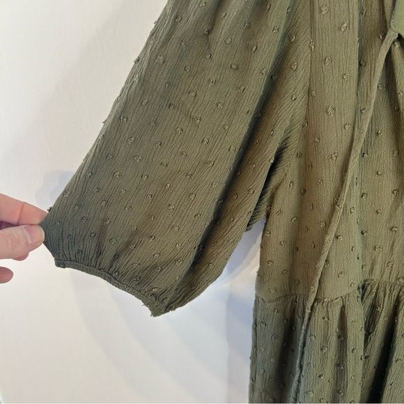 Altar’d State Olive Green Clip Dot Mini Dress, S, Blouson Sleeve, Boho, V-Neck - Picture 3 of 8